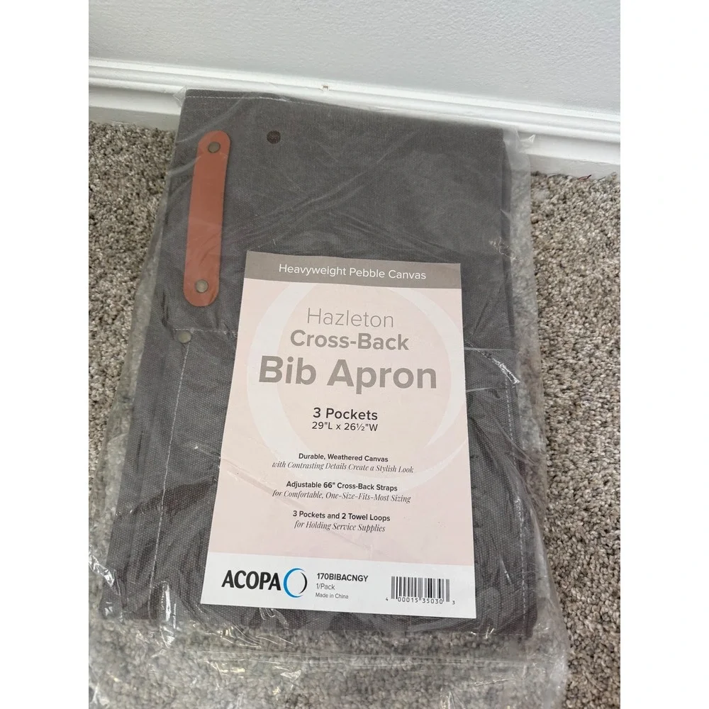 Acopa Hazleton Pebble Heavyweight Canvas Cross-Back Bib Apron – Grey – New - Picture 2 of 4
